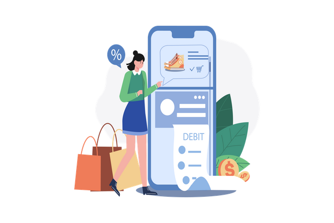 Woman paying online through debit card  일러스트레이션