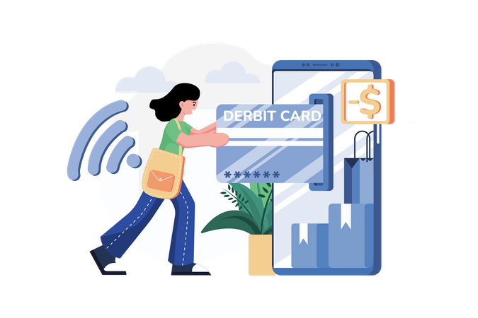 Woman paying online through debit card  일러스트레이션