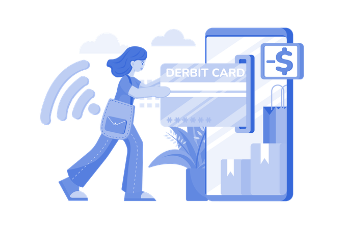 Woman paying online through debit card  일러스트레이션