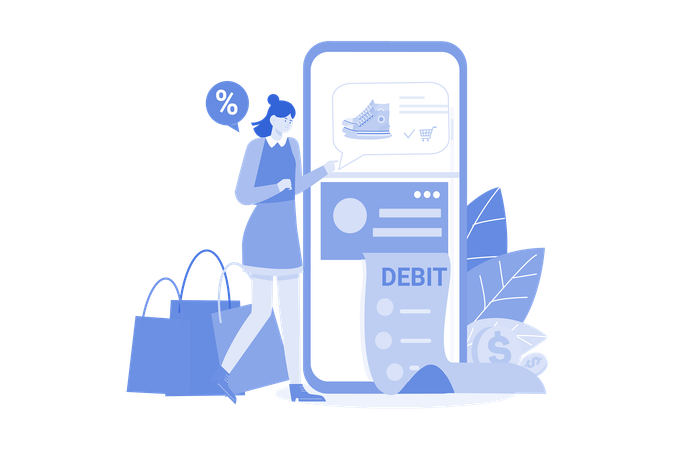 Woman paying online through debit card  일러스트레이션