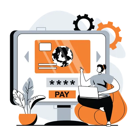 Woman paying online via card Illustration
