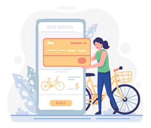 Woman paying rent for bike using card Illustration
