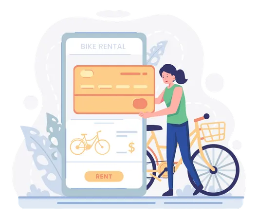 Woman paying rent for bike using card  Illustration