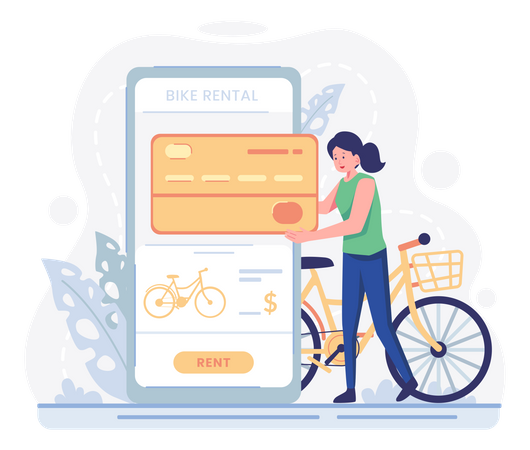 Woman paying rent for bike using card  Illustration