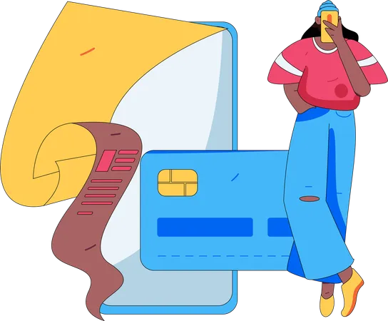 Woman paying shopping invoice through credit card  Illustration