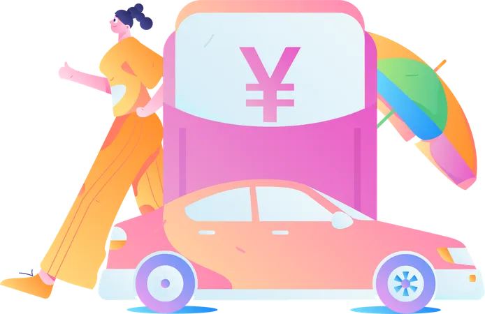 Woman paying taxi rent by cash  Illustration