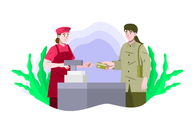 Woman paying via card at grocery store  Illustration