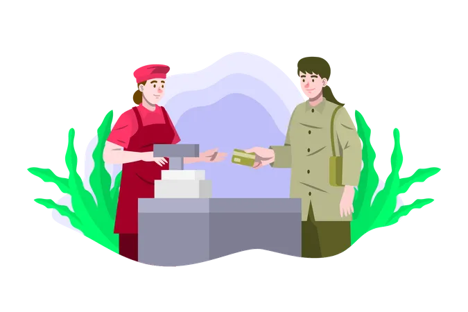 Woman paying via card at grocery store  Illustration
