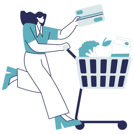Woman paying via card for grocery shopping  Illustration