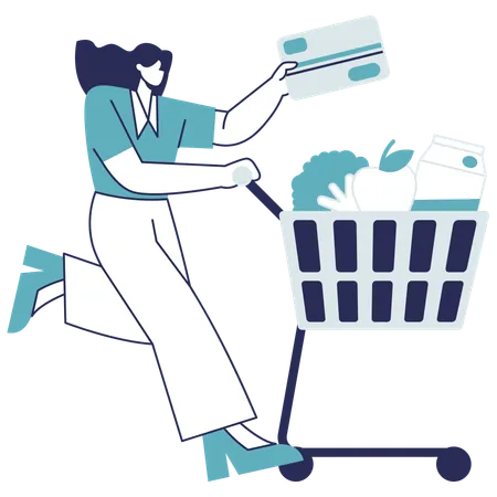 Woman paying via card for grocery shopping  Illustration