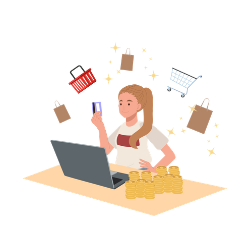 Woman paying via card for online shopping  Illustration