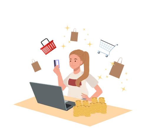 Woman paying via card for online shopping  Illustration