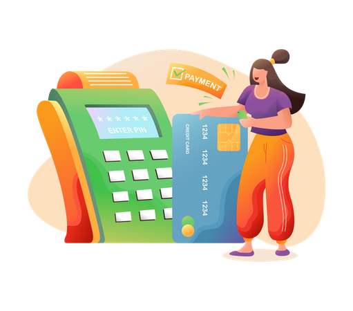 Woman paying via card payment through POS terminal  Illustration