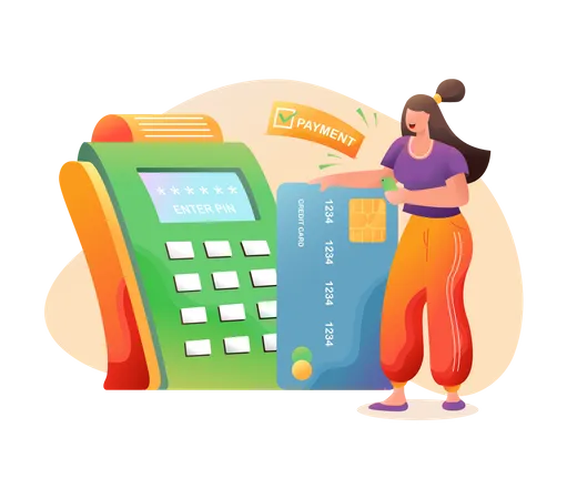 Woman paying via card payment through POS terminal  Illustration