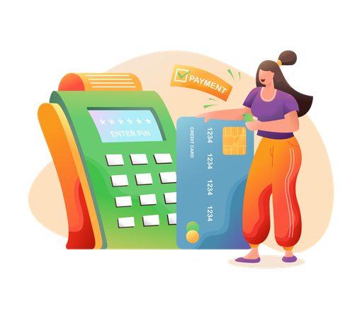 Woman paying via card payment through POS terminal  Illustration