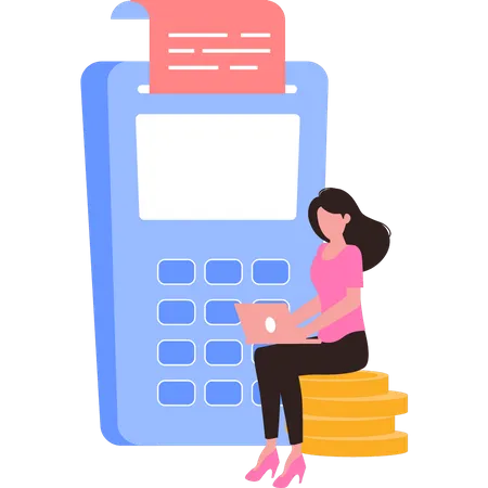 Woman paying with billing machine  Illustration