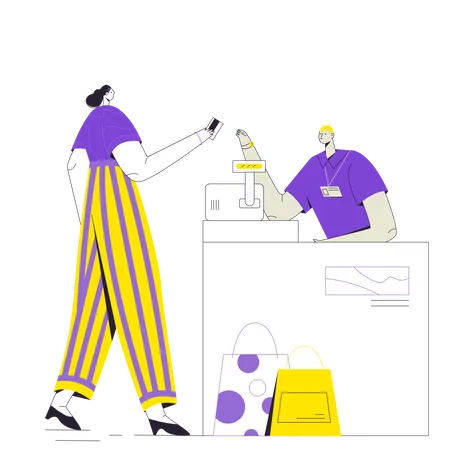 Woman paying with card at bill counter  Illustration
