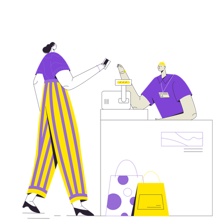 Woman paying with card at bill counter  Illustration