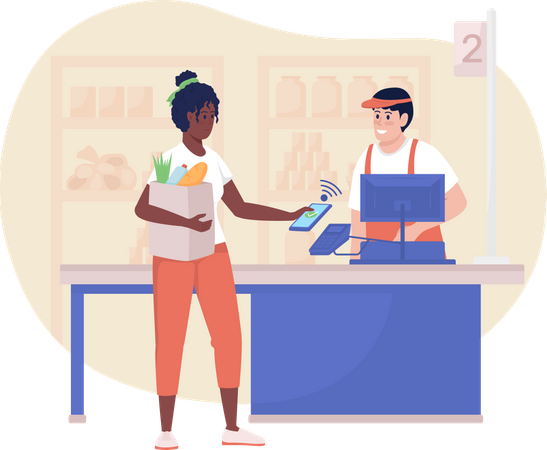 Woman paying with smartphone at checkout  Illustration