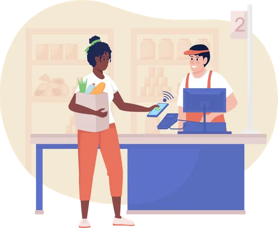 Buying Groceries In Store 2 D Vector Isolated Illustration Woman Paying With Smartphone At Checkout Flat Characters On Cartoon Background Everyday Situation And Common Tasks Colourful Scene Illustration