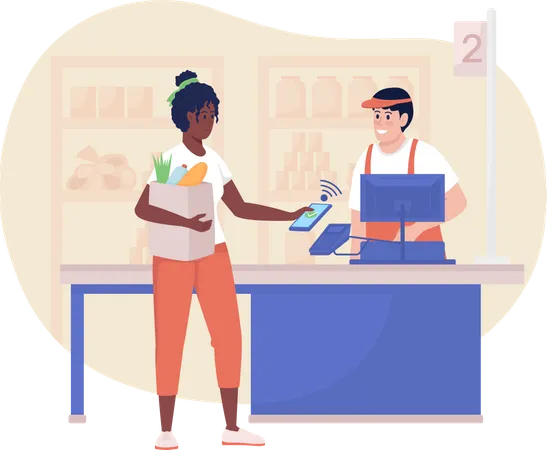 Woman paying with smartphone at checkout  Illustration