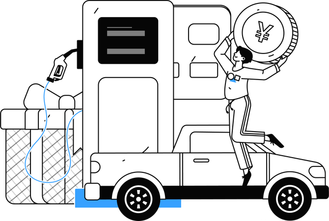 Woman paying Yen coin for car refuel  Illustration