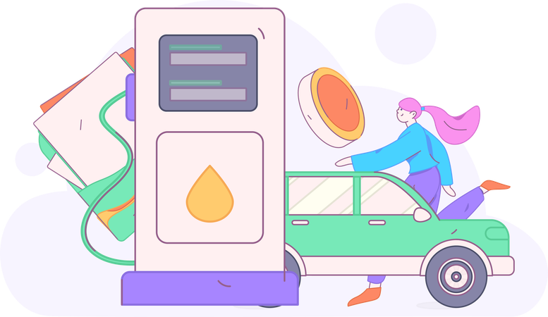 Woman pays at fuel station  Illustration