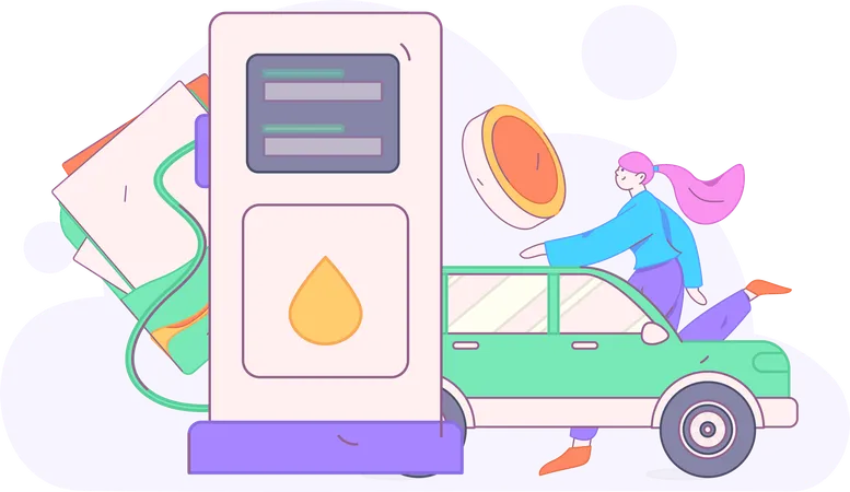 Woman pays at fuel station  Illustration