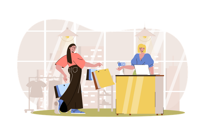 Woman pays for her purchases at checkout Illustration