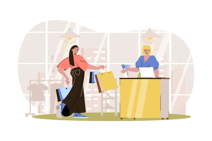 Shopping Web Character Concept Woman With Bags Pays For Her Purchases At Checkout Customer Buys Clothes In Boutique Isolated Scene With Persons Vector Illustration With People In Flat Design Illustration