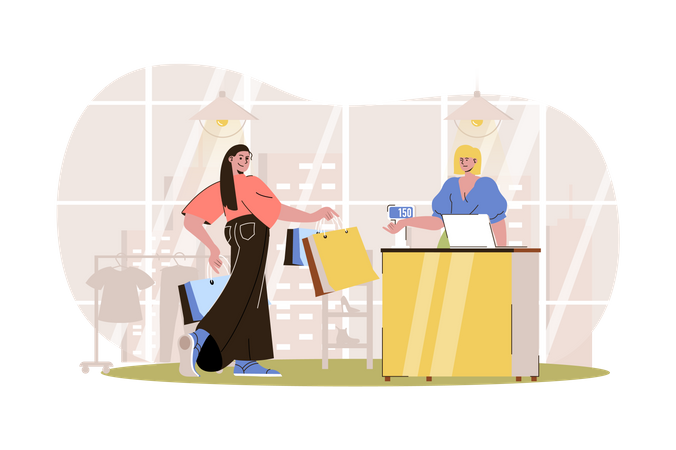 Woman pays for her purchases at checkout  Illustration