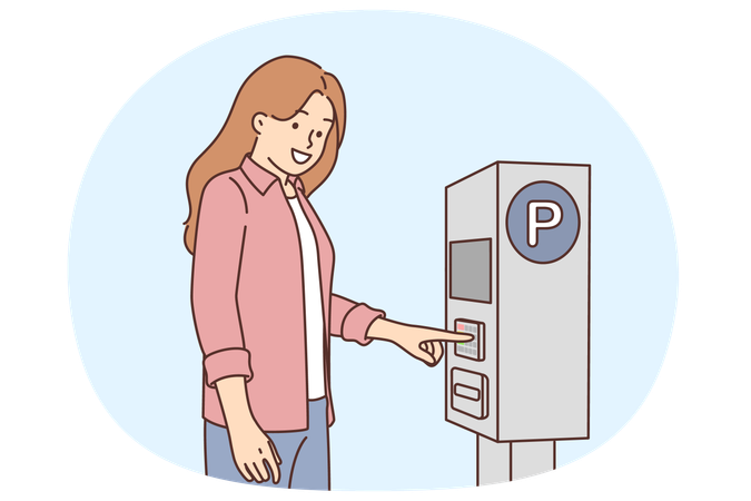 Woman pays for parking for car using street machine to issue ticket  Illustration