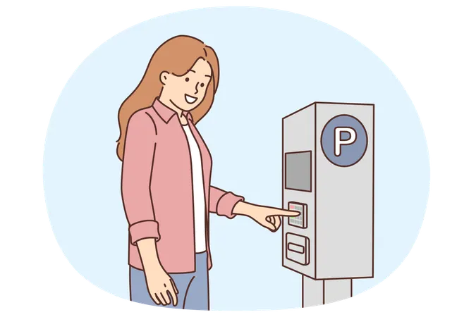 Woman pays for parking for car using street machine to issue ticket  Illustration