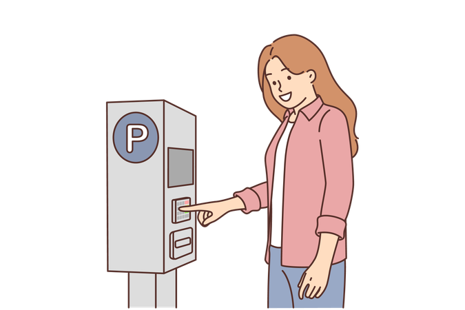 Woman pays for parking for car using street machine to issue ticket or check to avoid getting fine  Illustration