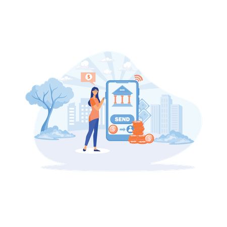 Woman pays for purchases or sends money using smart phone app  Illustration