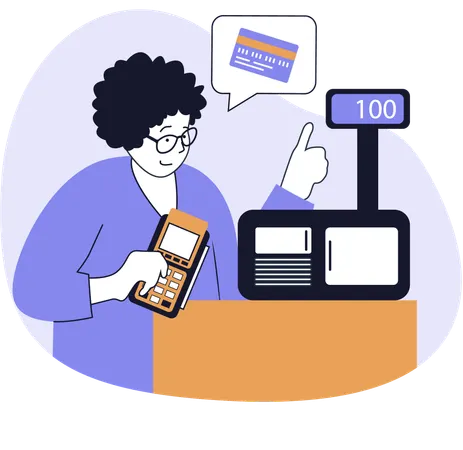 Woman pays money at cash terminal  Illustration