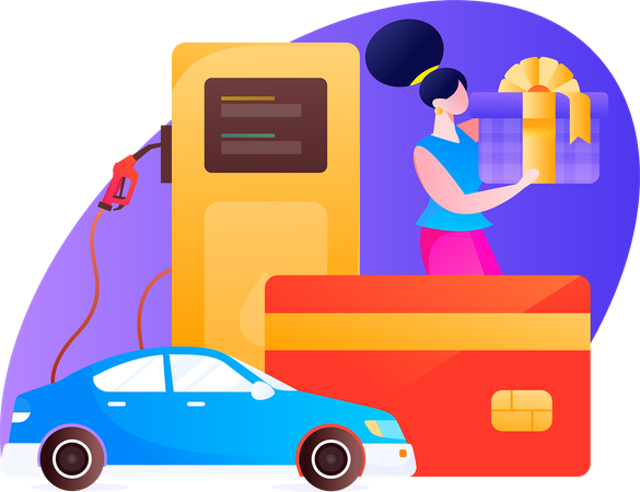 Woman pays money at fuel pump  Illustration