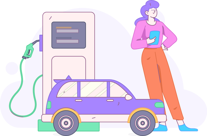 Woman pays money at gas station  Illustration