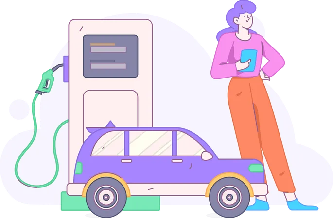 Woman pays money at gas station  Illustration