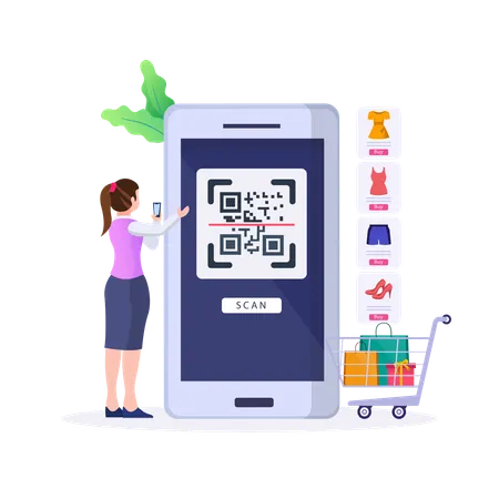 People Paying With QR Code In Supermarket Clothing Store And Hardware Store Illustration