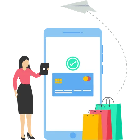 Payment Concept Approved A Woman Pays Successfully And Safely Online Mobile Payment And Banking Services Payments Made Online Shopping And Money Transfers Vector Illustration In Flat Design Illustration