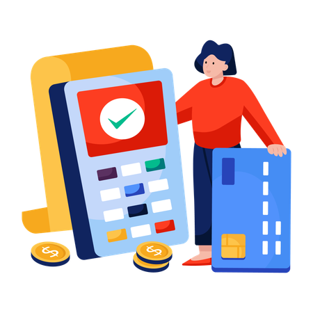 Woman pays through credit card at Cash register  Illustration
