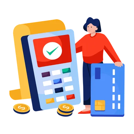 Woman pays through credit card at Cash register  Illustration