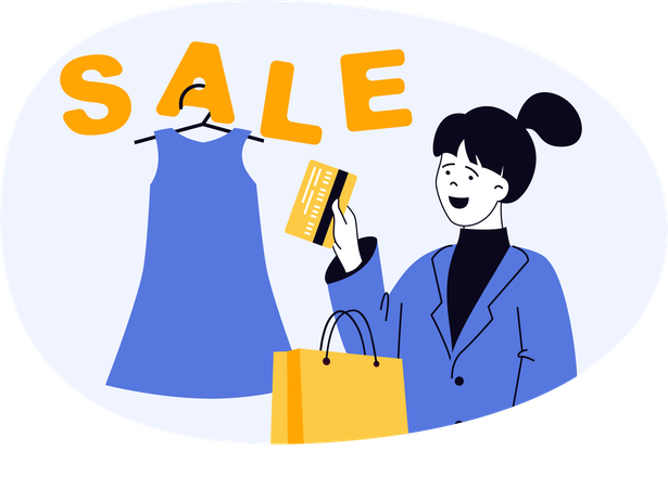 Woman pays through credit card for dress purchase  Illustration