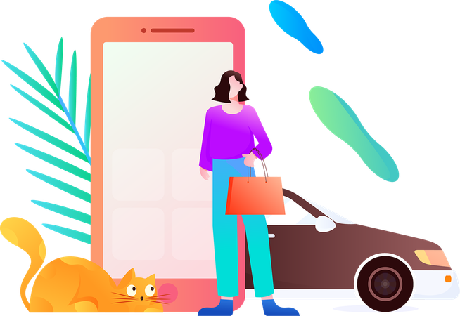 Woman pays through mobile for online cab booking  Illustration