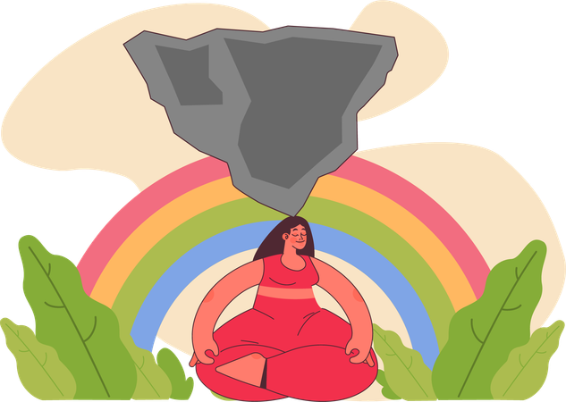 Woman peacefully meditating with huge rock on head.  일러스트레이션