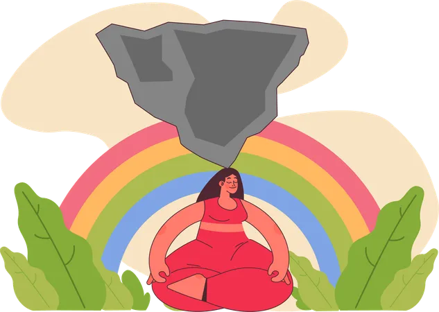 Woman peacefully meditating with huge rock on head.  Illustration