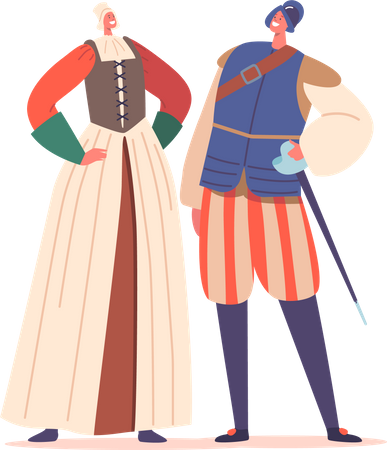 Woman Peasant and Man Soldier Wear Costumes Of The Renaissance Era  Illustration