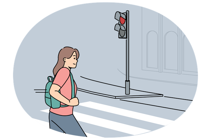 Woman pedestrian crosses road at red traffic light while putting own life and health car drivers at risk  Illustration