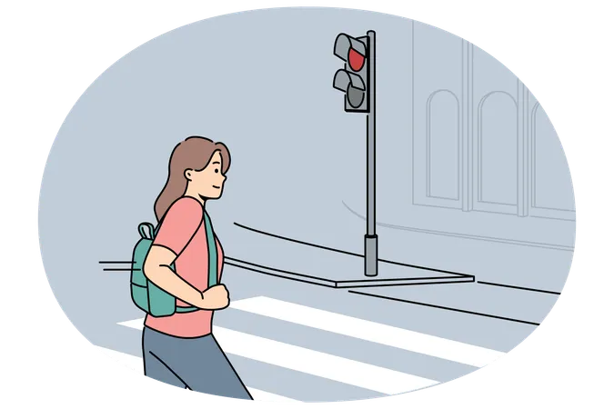 Woman pedestrian crosses road at red traffic light while putting own life and health car drivers at risk  Illustration